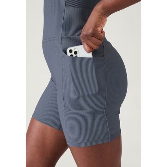 Athleta Salutation Rib Bike Suit Granite Blue Medium Yoga Workout Gym Athletic - Picture 3 of 14